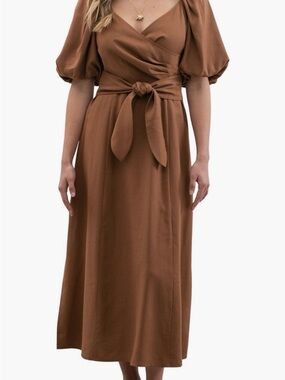 Tie-Waist Puff Sleeve Midi Dress in Brown